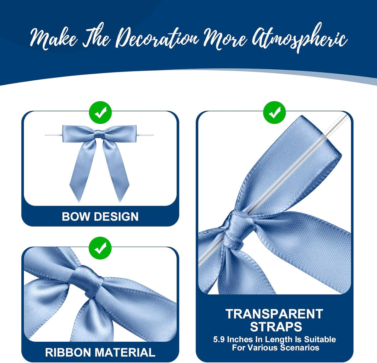 Regine Switzerland Satin Ribbon Dusty Blue Bow Decor - 2.5" Premade Twist Tie Bows for Gifts & Weddings | 50 Count