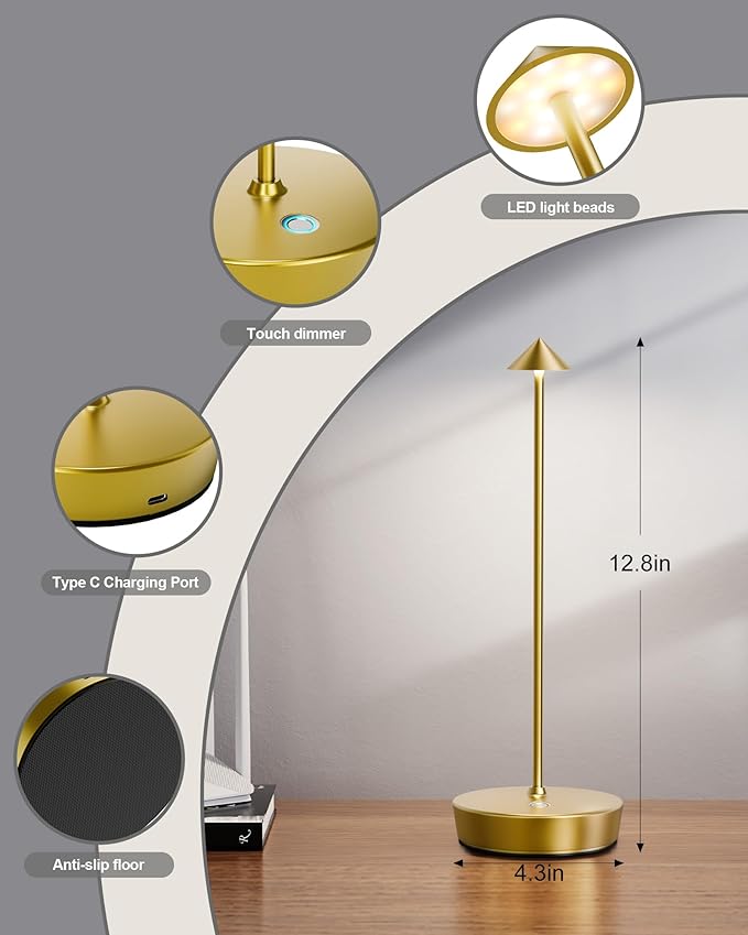 LED Cordless Table Lamp Rechargeable - 6000mAh Battery Operated Waterproof Desk Lamp 3 Color Stepless Dimming Touch Lamps Memory Light for Home Restaurant Dining Outdoor Patio Set of 2 Gold