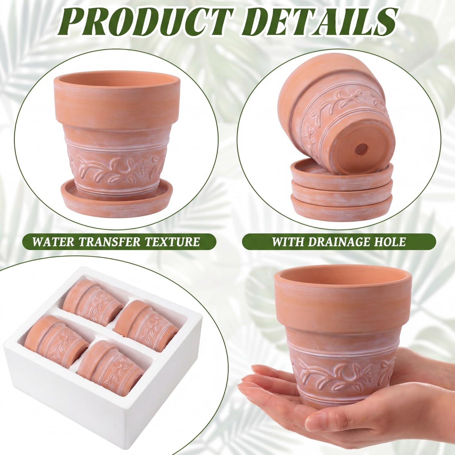 Maxdot Set of 6 Embossed Succulent Pots 4" Small Terracotta Pots with Drainage Hole and Saucer Rustic Clay Succulent Planter Pot Decorative Ceramic Cactu Flower Pot for Indoor Outdoor(Leaf Style)