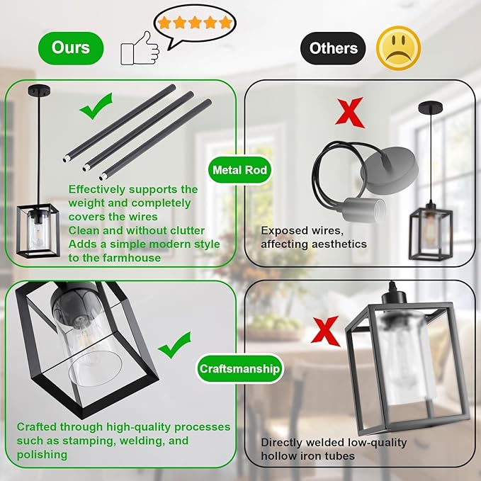 2 Pack Farmhouse Black Kitchen Island Pendant Light Fixtures,Height Adjustable Metal Rod Hanging Modern Pendant Lighting with Metal Cage and Clear Glass Shade for Entryway Bedroom