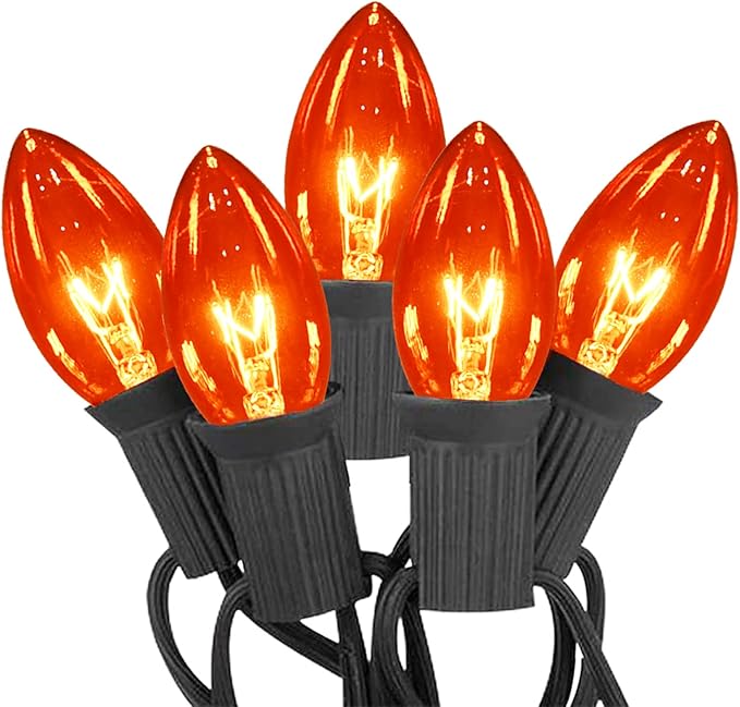 C9 Halloween String Lights, 25Ft Outdoor Orange String Light with 26 Clear Orange Bulbs(1 Spare), Halloween Lights for Indoor Outdoor Party Holiday Lighting Decor, Black Wire