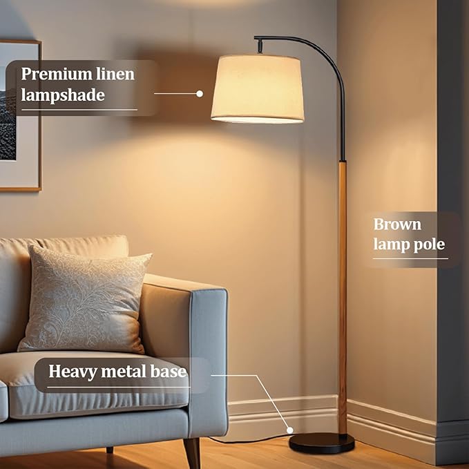 65” Brown Black Arc Floor Lamp for Living Room, 1200 Lumens 3-Level Brightness Mid Century Modern Floor Lamp for Bedroom, Wood Arc Standing Tall Lamp, Adjustable Lampshade, LED Bulb Included