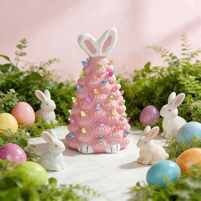 Cute Ceramic Easter Tree Bunny Decor, Light up Easter Bunny Decor Spring Decorations for Indoor Bedroom Office Decor Tabletop for Kid Gifts (Pink)