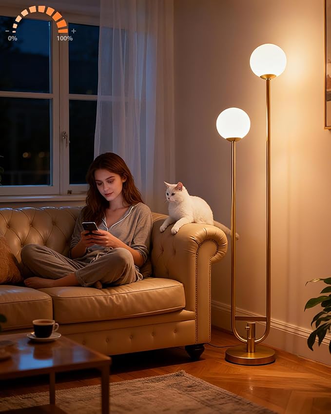 63IN Dimmable Floor Lamp with Shelf, Unique Globe Gold Tall Standing Lamps with 2 Bulbs, 3000K Warmwhite Mid Century Modern Floor Lamp for Living Room/Bedroom