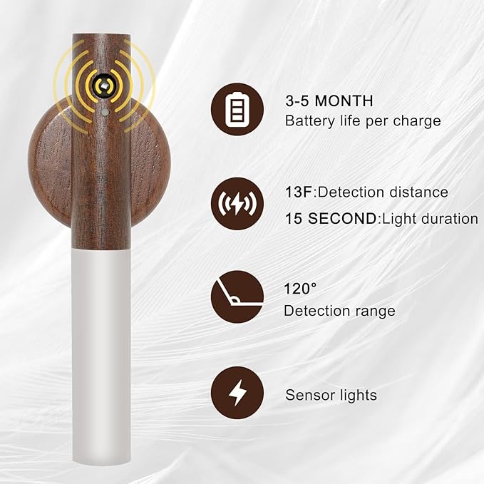 Motion Sensor Night Light, Motion Activated Night Light,Wall Lights Battery Operated,Rechargeable Wall Lights,Suitable for Kids Bathroom，Corridors, Closet ，Stairs, Bedrooms (Walnut Wood 1PC)