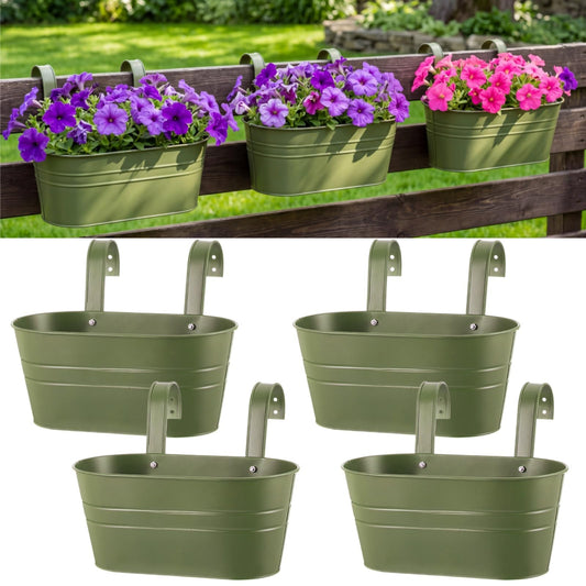 Hicarer 4 Pcs Metal Hanging Flower Pots for Railing Fence, 10.6 Inch Hanging Rail Planters for Outdoor Window Balcony Plants Holder with Hooks for Garden Yard Home Decor (Green)