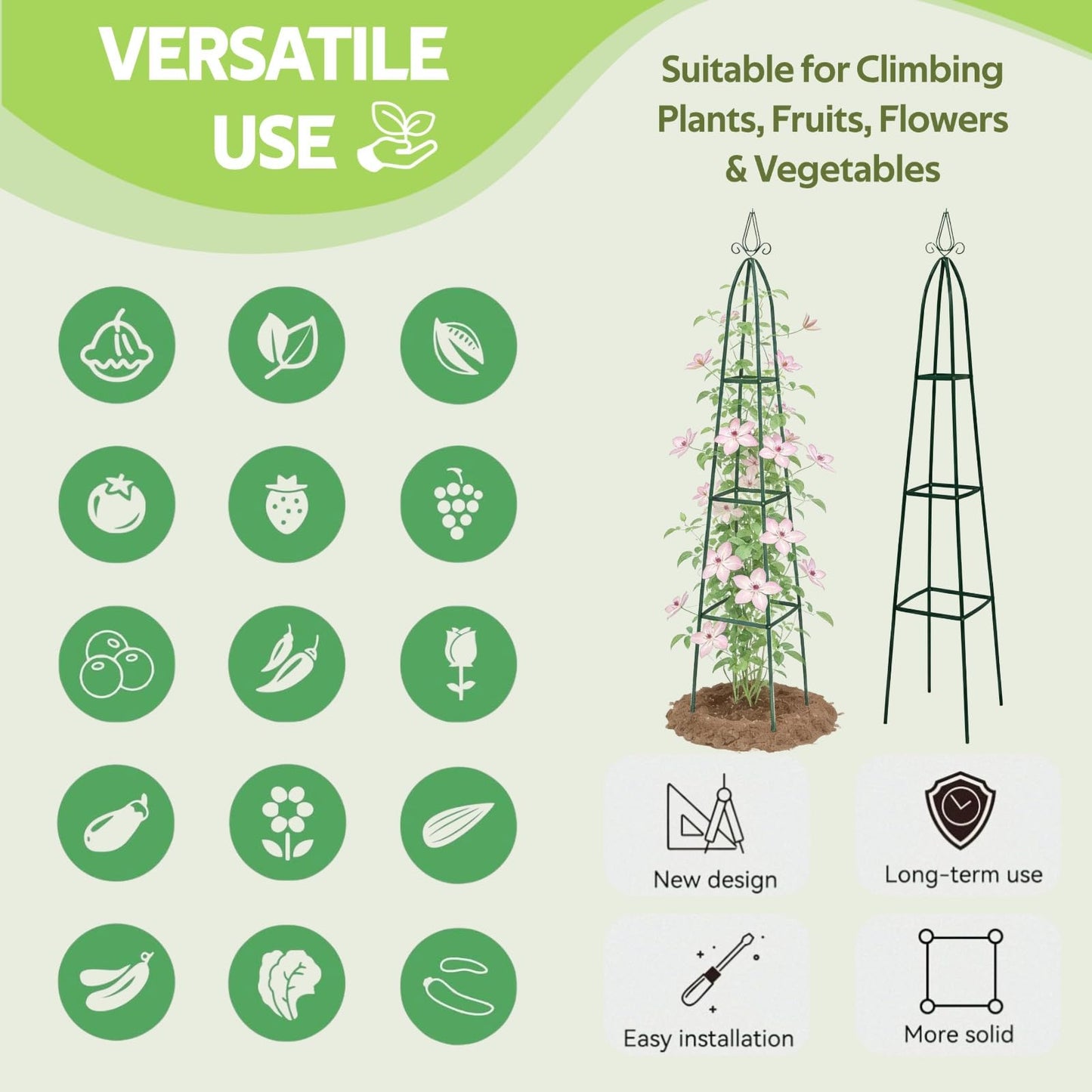 Jesosia 100% Metal Obelisk Trellis for Climbing Plants Outdoor - Heavy Duty Stone Coated Steel Garden Tower Trellis - Tall Sturdy Rustproof Vertical Plant Support for Climbing Vine Vegetables Flowers
