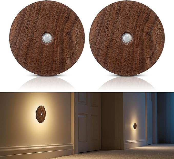 Motion Sensor Night Light Wood Rechargeable Battery-Powered Stick-On Step Lights Magnetic Closet Warm Nightlight for Hallway Bedroom Stair (2 Pack Black Walnut)