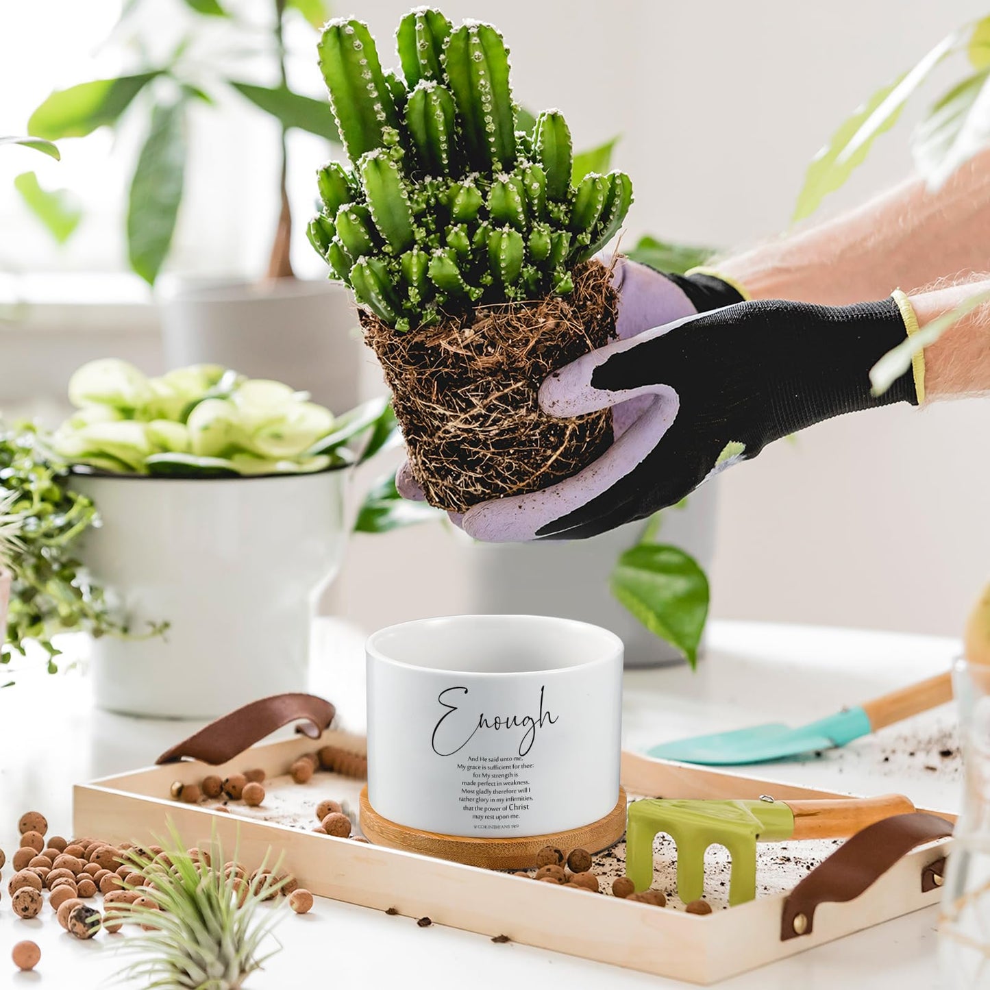 Fumete 24 Set Christian Religious Gifts Bulk Bible Verse Succulent Pots with Tray Drainage, 12 Scripture Quote, 3 x 2 in Mini Ceramic Flower Planter for Mothers Fathers Day Church Gift (Affirmation)