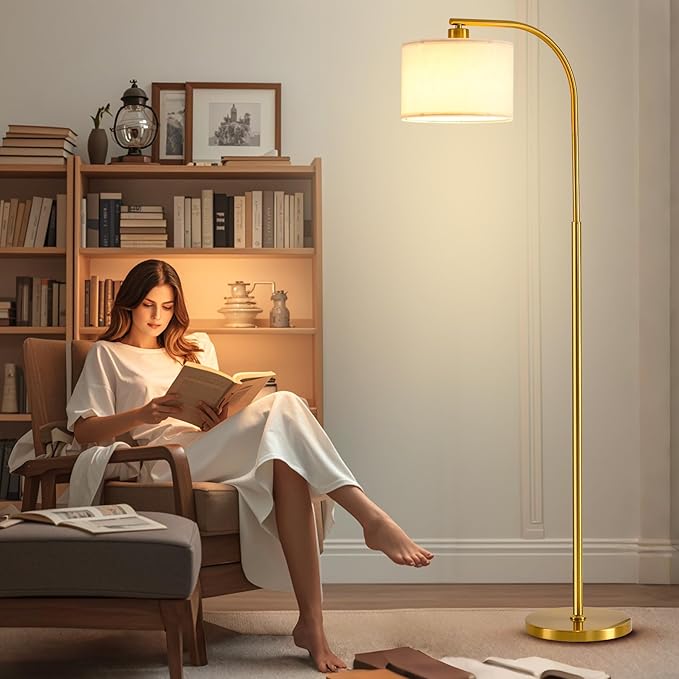 Tall Floor Lamp for Living Room,65'' Modern Standing Lamps with 9W LED Bulb,Elegant Floor Light with Fabric Shade,Gold Tall Lamp for Bedroom Office Study Room Corner Dining Room