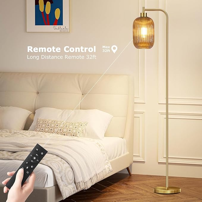 Floor Lamp for Living Room,Bedroom,Gold Dimmable Standing Lamp with Remote,Mid Century Modern Brass Tall Lamp Retro Vintage Glass Lamp Floor Light Boho Bohemian