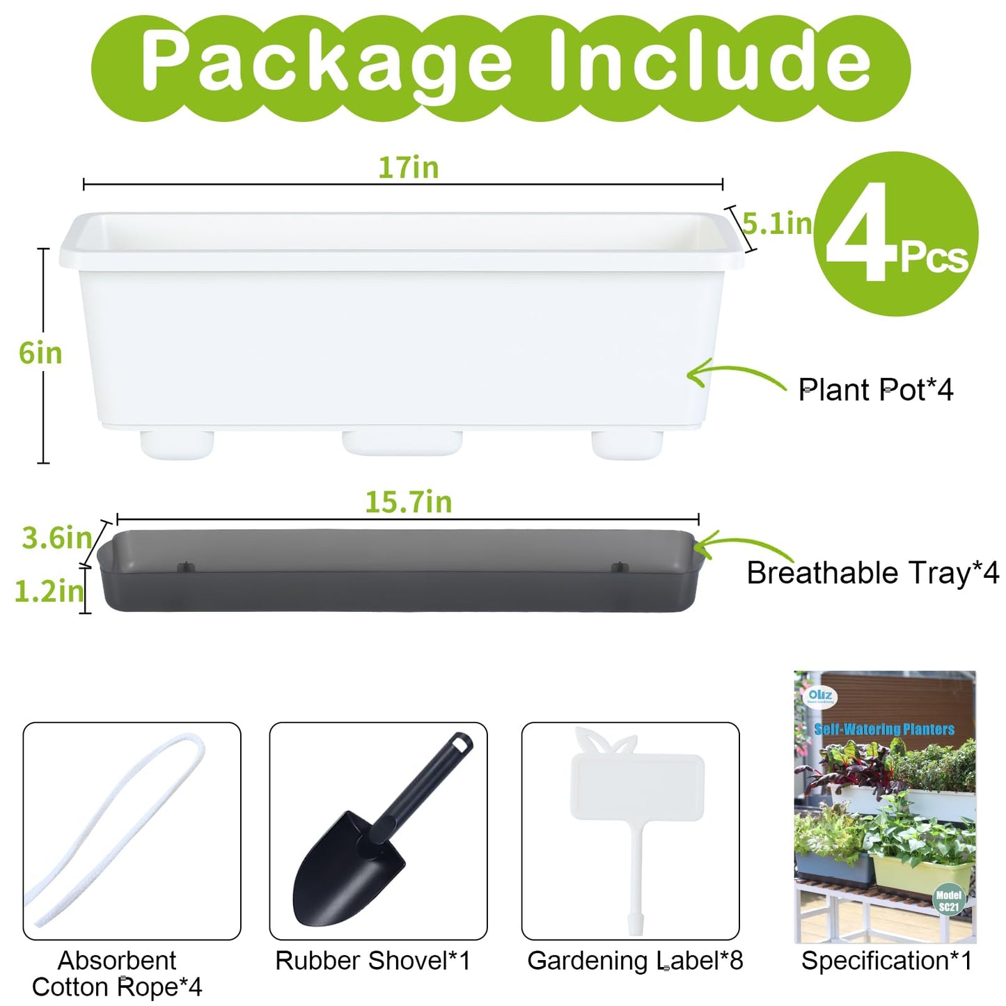 Window Box Planter 4 Packs, 17 Inches Rectangle Flower Pots with Drainage Holes & Trays, Pots for Vegetables, Herbs, Flowers, Garden Windowsill Balcony (White, 17 * 5.1 * 6 inch)
