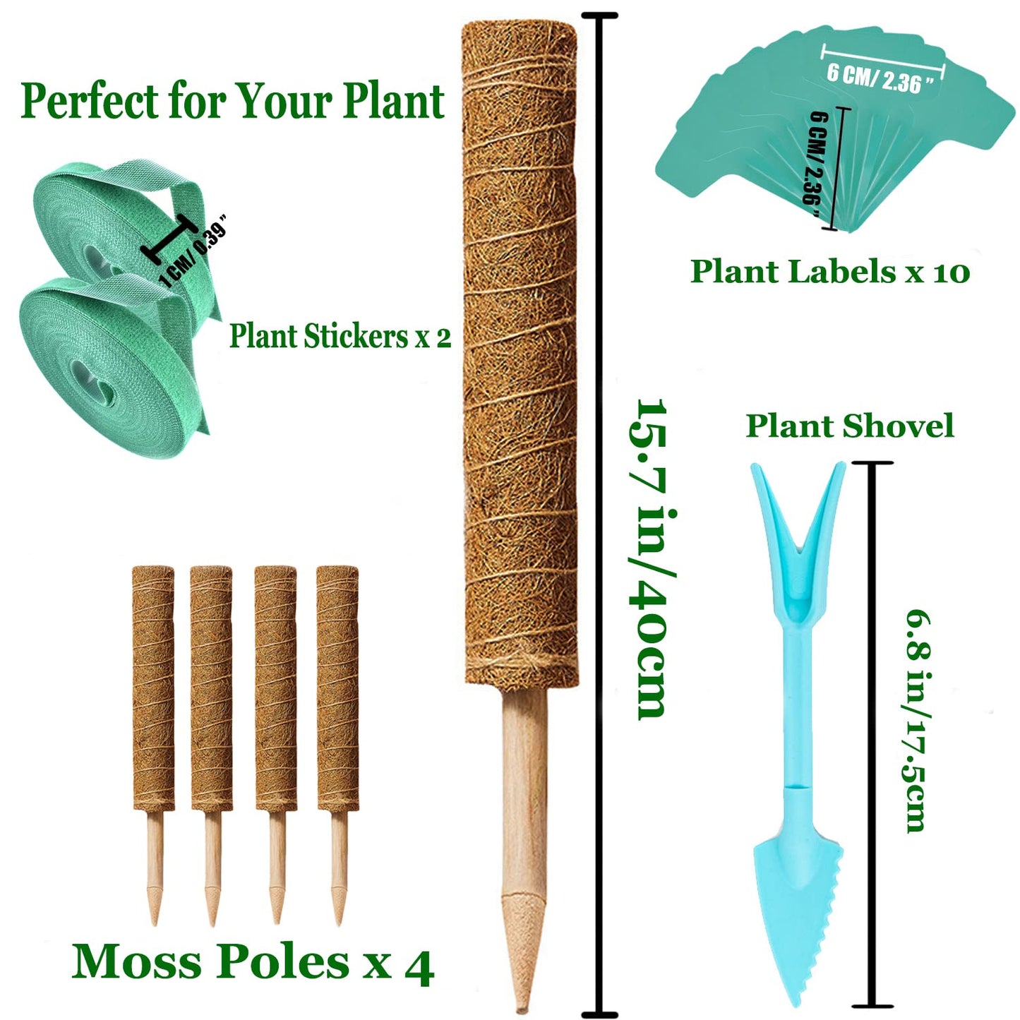 Moss Pole for Climbing Plants, 4 Pcs 15.7 Inch Coir Moss Poles with Gardening Tool Set Full Length 47 Inch, Support Extension Indoor Potted Plants to Grow Upwards for Heavy Climbing Plants Monstera