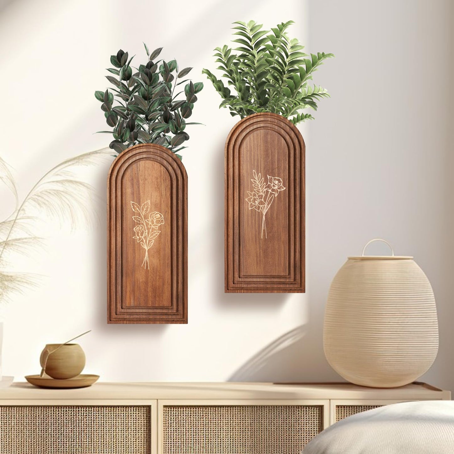 Rustic Wood Wall Planter - Decorative Hanging Vase for Dried Flowers & Artificial Plants, Farmhouse Wall Art Decor for Living Room & Entryway, Set of 2 Faux Greenery Holder (Not for Live Plants)