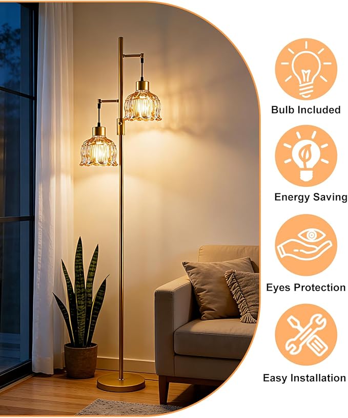 2-Light Gold Floor Lamp for Living Room, 65IN Tall Standing Lamps Dimmable with Brown Glass Lampshade, 3000K Warmwhite Mid Century Modern Floor Lamp for Bedroom/Office/Corner/Sofa Beside