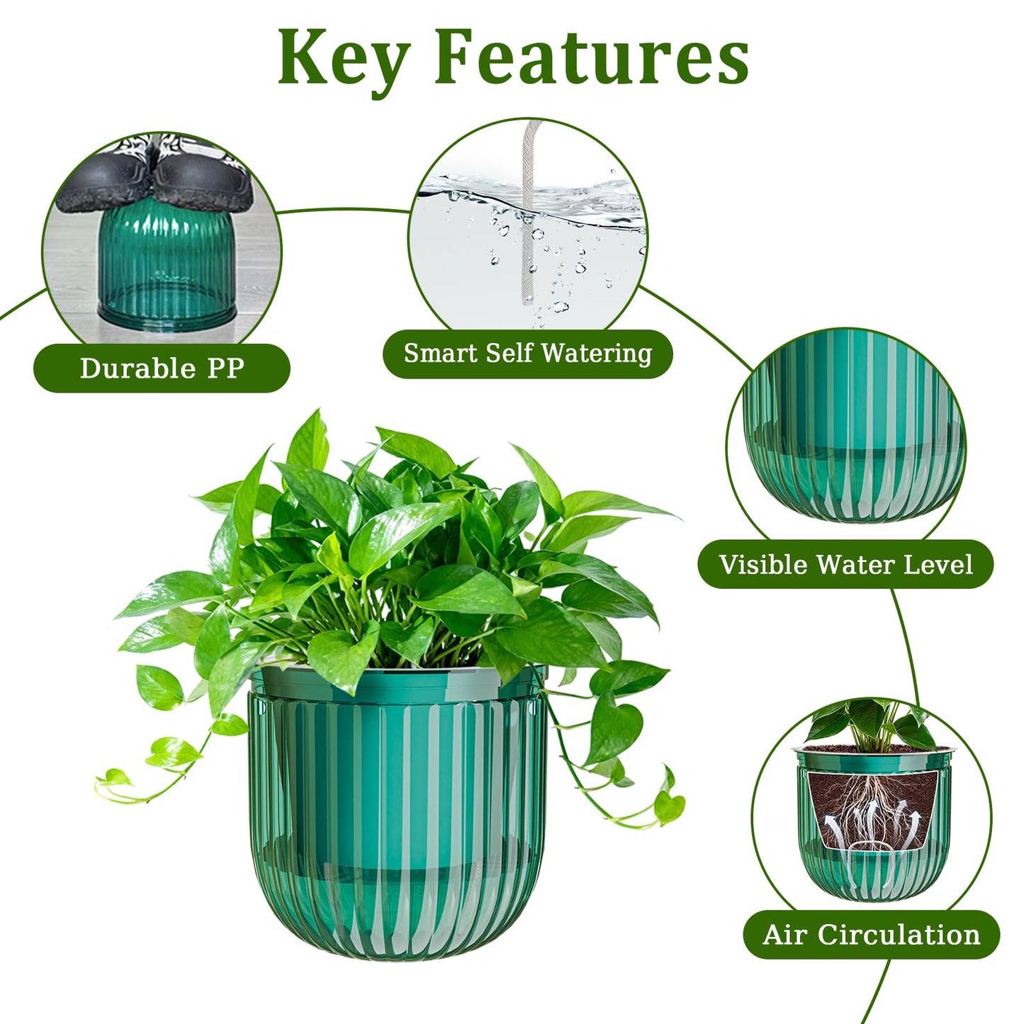 Halatool 8.3 Inch Hanging Pots for Plants Indoor- 2 Pack Self-Watering Hanging Planters Flower Pots, Plant Hanger with Hooks Drainage Holes for Garden Home (Green)