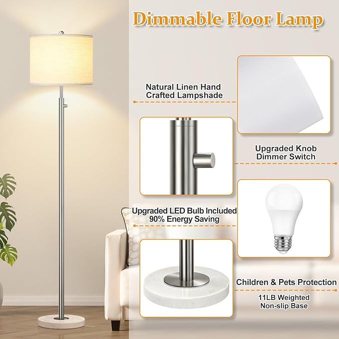 【Upgraded】 Dimmable Floor Lamp for Living Room, 11W LED Bulb Included, Modern Standing Lamp with Marble Base, Tall Pole Light with Linen Shade for Bedroom Reading Office Corner Nursery-Brushed Nickel