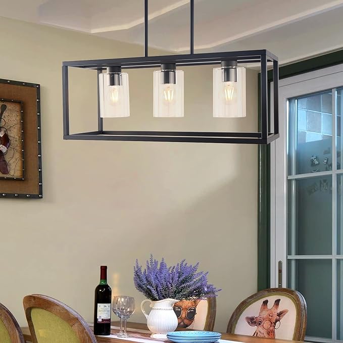 Kalium Chandeliers for Dining Room, 3 Light Dining Room Light Fixture Modern Metal Industrial Kitchen Lighting Fixtures Ceiling Easy Installation Pendant Lights for Bar Restaurant-E26 Socket, Black
