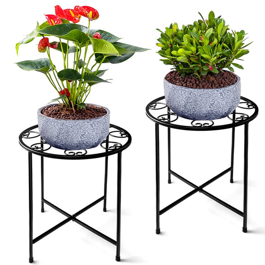 KABB Metal Plant Stand, 15'' Tall Flower Pot Stand Set of 2, Modern Rustproof 10-inch Round Outdoor Plant Stand | Iron Art Flower Stand | Plant Stool, Decorative Black Plant Stands for Indoor Plants