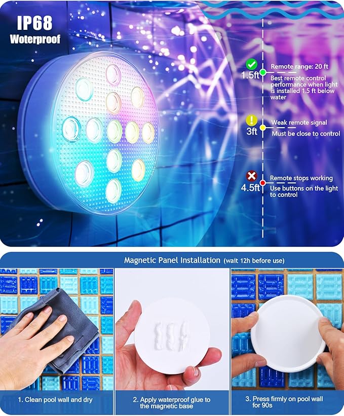 SUNDISC Rechargeable Submersible Pool Lights with Remote, IP68 Waterproof Underwater Charging Battery Operated Controlled 16 Color Changing LED with Magnet Floating Lights 2 Packs