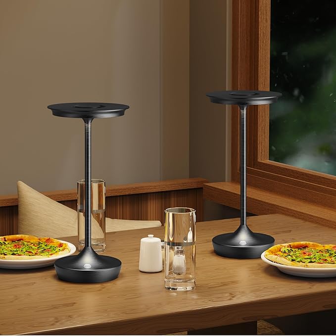 LED Cordless Table Lamps Rechargeable - Outdoor 6000mAh Battery Operated Portable Table Lights 3 Color Stepless Dimming Lamp with Memory Function for Patio Restaurant Dining 2 Pack Black