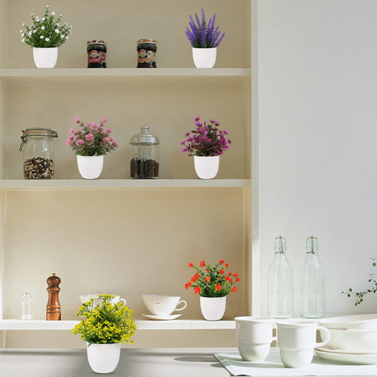 Yoratee Artificial Small Plant 6pcs Fake Flower Potted Plant Bathroom Faux Plant for Indoor Decor Window Tabletop Office Colorful Flower