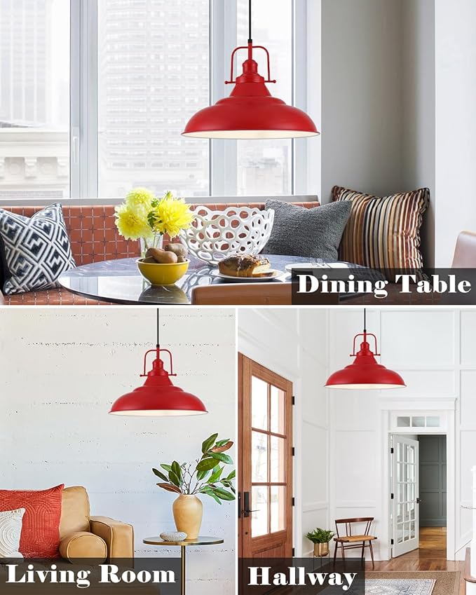 Red Pendant Light Kitchen Island,16 Inch Large Industrial Pendant Lights, Matte Red Pendant Lights, Vintage Farmhouse Pendant Light for Kitchen Island, Dining Room, Hallway (2 Pack)