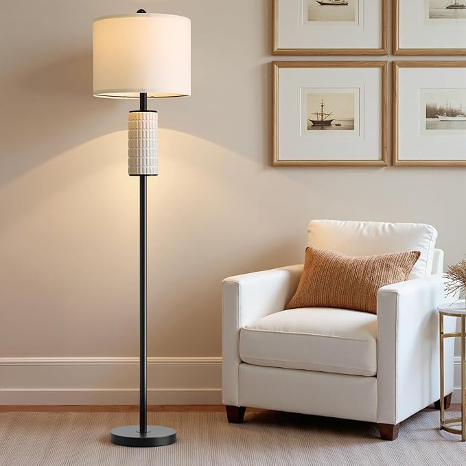 PoKat Farmhouse Floor Lamp for Living Room with Ceramic, 64" Black Standing Lamps for Living Room Corner, Modern Tall Floor Lamps for Bedroom, Sofa, Reading Nock, Rotary Switch, Matte Black