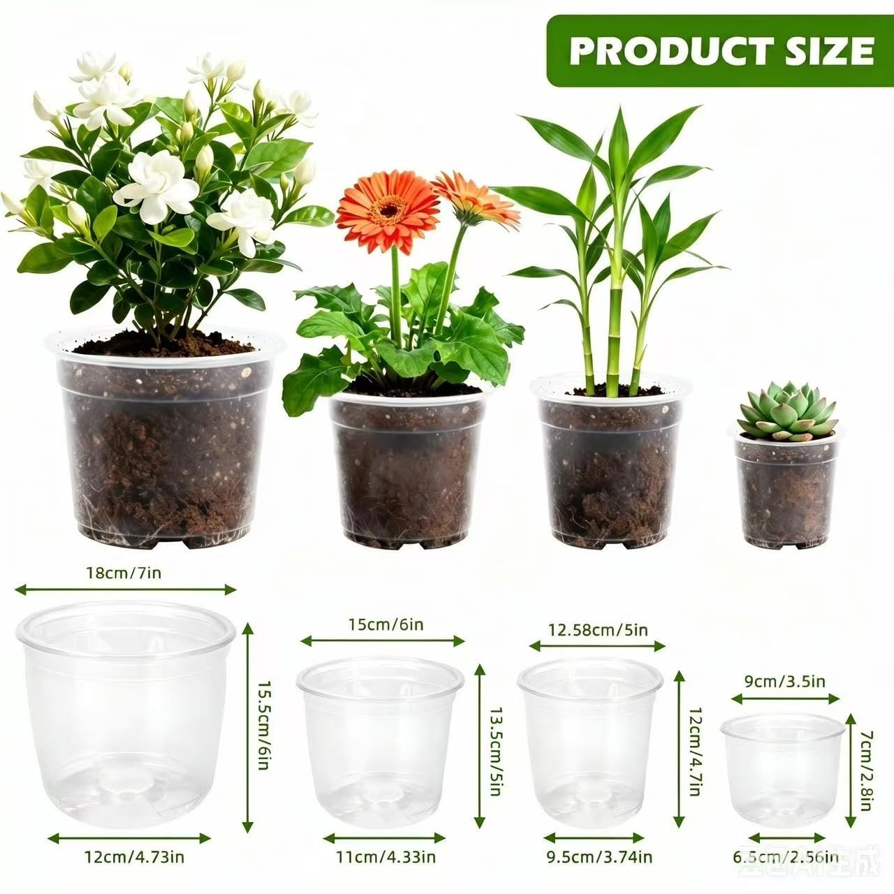 Lijnryu 36 Pack 3.5/5/6/7 Inch Clear Nursery Pots with Drainage Holes, Transparent Plastic Planters for Plants, Reinforced Seed Starter Pots Flower Pots for Indoor and Outdoor Use