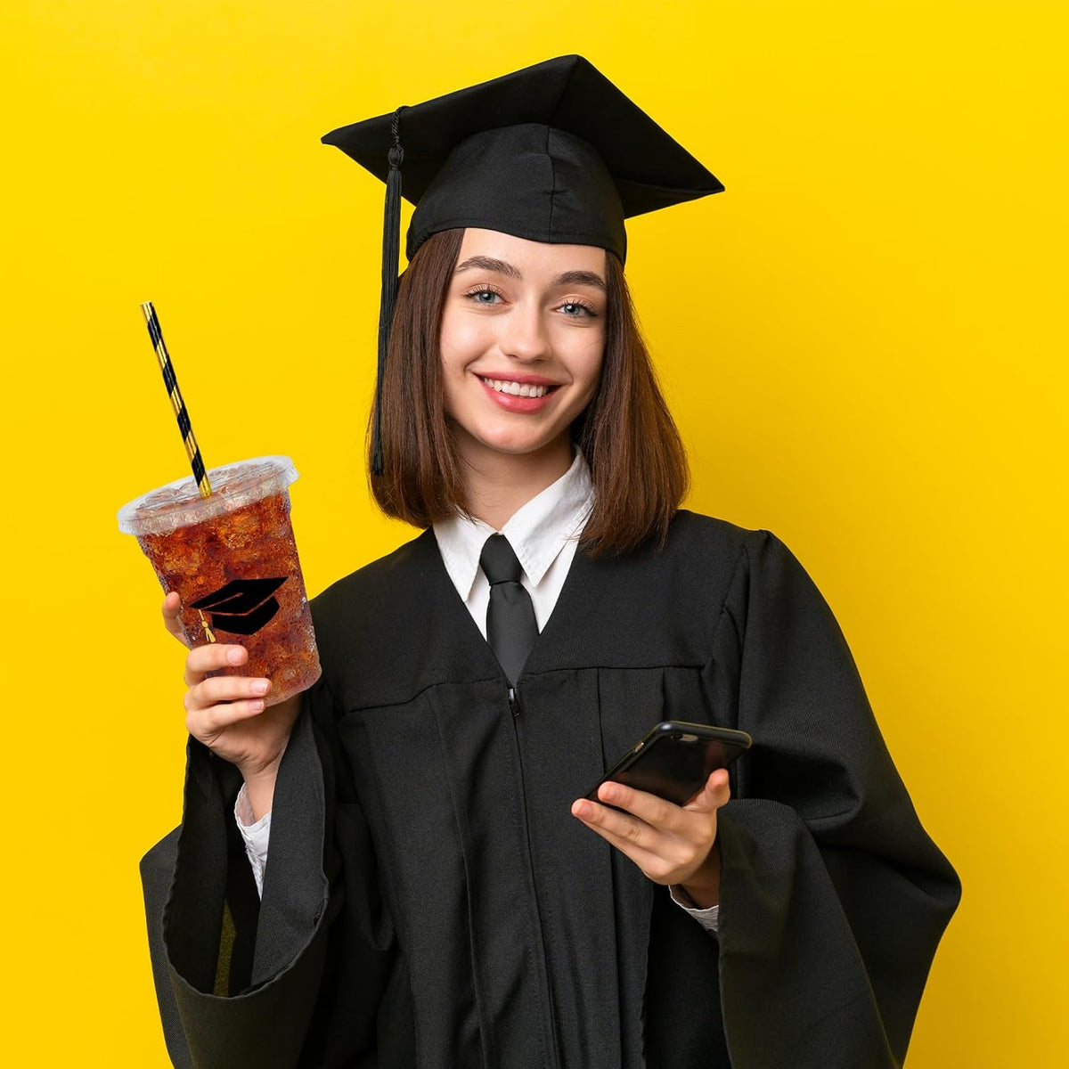 Whaline 50Pcs 12Oz Graduation Cups - Black Graduation Cap Design with Lids & Straws for Party Supplies