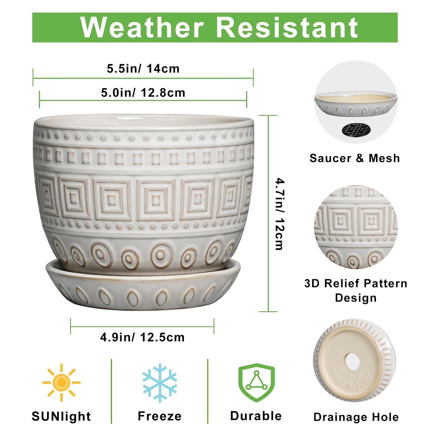 G EPGardening Ceramic Pots for Plants - 5 Inch Plant Pot Indoor with Drainage Hole and Saucer, Outdoor Flower Pot, Decorative Round Planter for Succulent Orchid Snake Plants, White