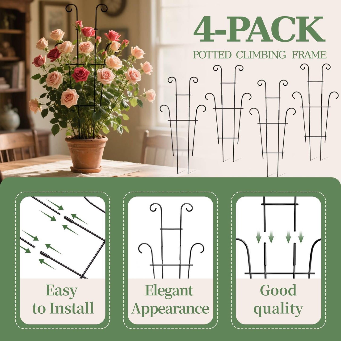 4-Pack 23.6 Inch Tall Metal Plant Trellis for Climbing Plants Indoor - Garden Trellis for Potted Houseplants, Plant Support for Ivy, Pothos, Monstera, Hoya, Flower Vines (Black, 23.6inch/4 Pack)