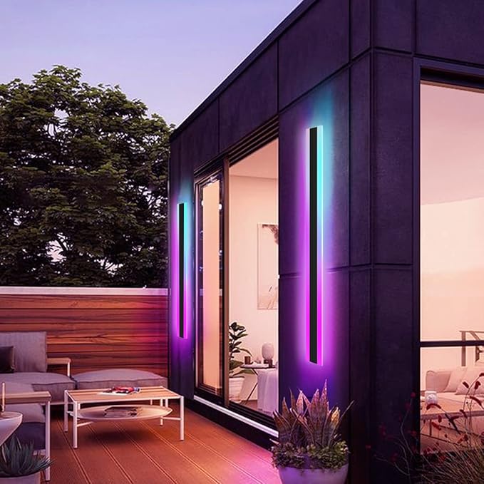 Outdoor Long Strip Modern LED Wall Lighting Fixture Lamps, RGB LED Light Strip,UL MW Driver,Elegant Frosted White Acrylic, Black Aluminum Body IP65 Waterproof Anti Rust(RGB, 60inch)