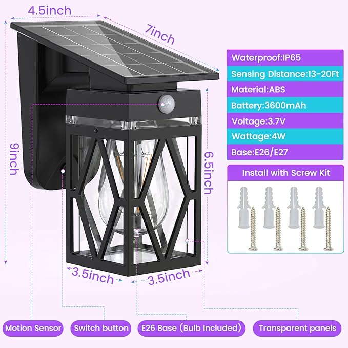 RGB Solar Wall Lights Outdoor, Dusk to Dawn & Motion Sensor Porch Light with Diamond Shape, 10 Modes (RGB Cycle/Fixed) IP65 Waterproof, E26 Bulb Exterior Sconce for Front Porch, Garage, Patio