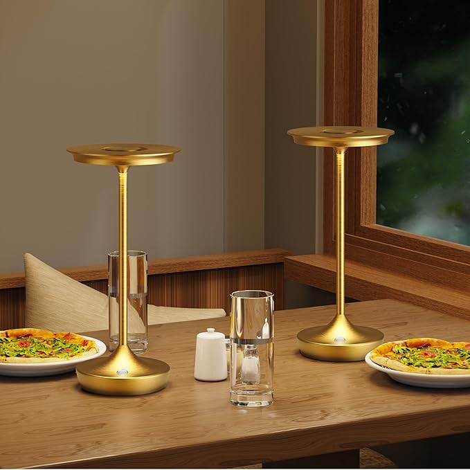 2 Pack LED Rechargeable Cordless Table Lamps, Portable Outdoor Battery Operated 3 Color Stepless Dimming Tables Lamp with Memory Function for Patio Restaurant Dining Room Gold