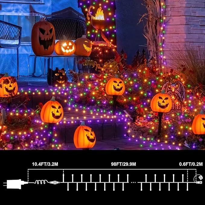 LAMPHOME 99ft Halloween Lights, 300 LED Transparent Wire Fairy Starry String Light Plug in, 16Lighting Modes for Indoor Outdoor Xmas Tree Wedding Party Decoration (Orange Purple Green)