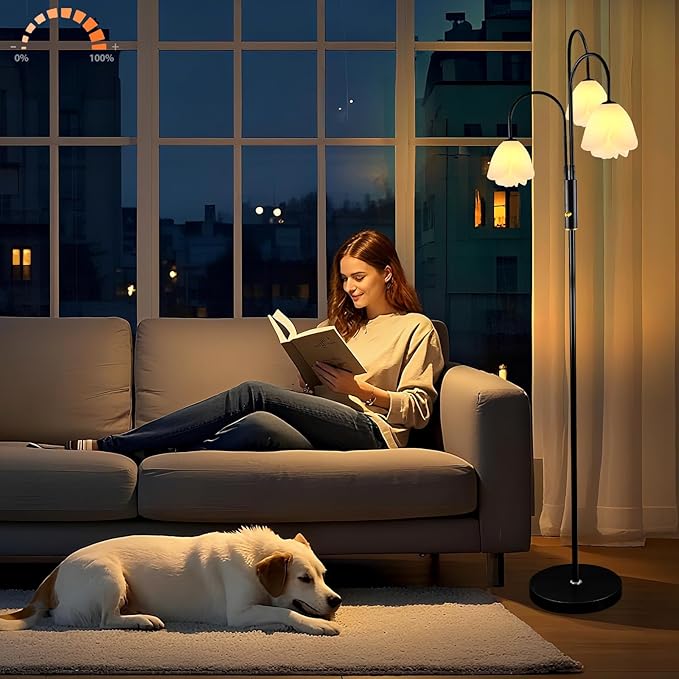 Lightdot 70IN Dimmable Floor Lamp for Living Room, 3 Light LED Tree Floor Lamp with Floral Shade& Bulb Included for Wedding/Party, Mid Century Standing Tall Lamp for Sofa Beside/Corner Decor-Black