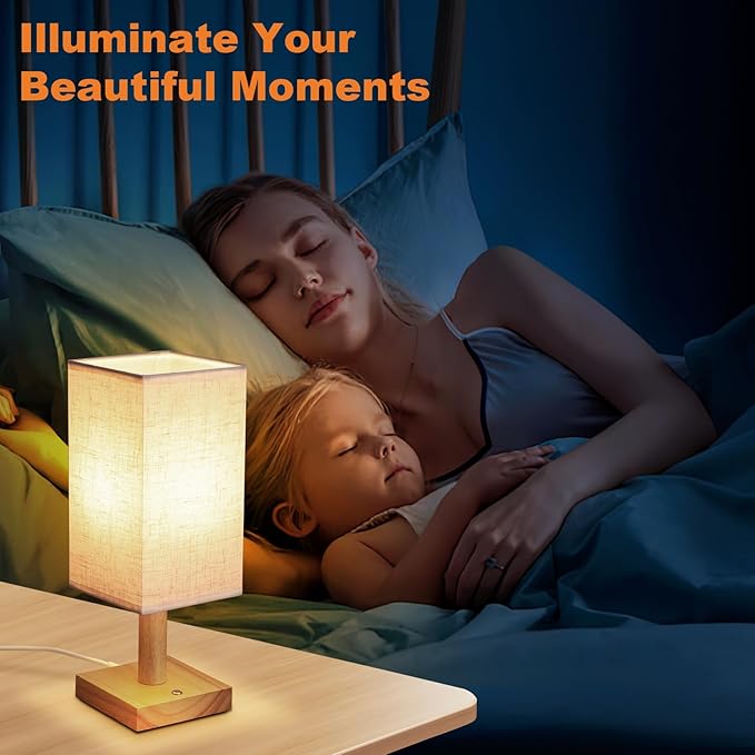 Small Corded Touch Square Table Lamp with Stepless Dimming, Natural Wood Base & Linen Fabric Shade, 5W Ambient Night Light for Bedroom, Bedside, Nightstand, Living Room, Nursery