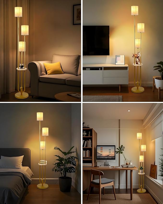Lightdot 64Inch Floor Lamp with Table Dimmable Gold Floor Lamp for Living Room 3 Lights Mid Century Modern Tall Standing Lamp with Fabric Shade for Bedroom/Sofa Beside/Corner Decor(Bulbs Included)
