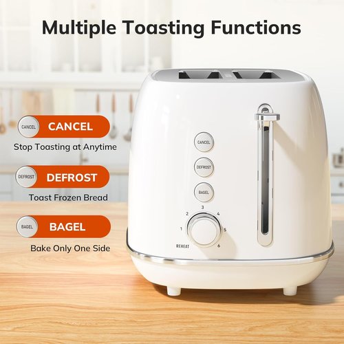 Keenstone 2-Slice Stainless Steel Toaster - Retro Design with 6 Browning Levels & Removable Crumb Tray | White