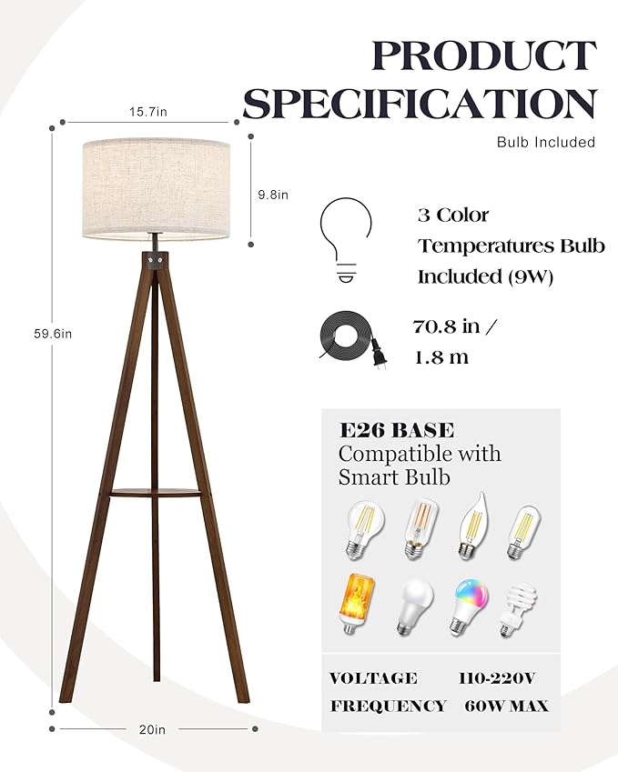 ELYONA Tripod Floor Lamp with Table, Mid Century Wood Shelf Standing Light Modern Tall Floor Lamp with Linen Shade for Living Room Bedroom Office,Dark Brown, 3 Color Temperatures LED Bulb Include