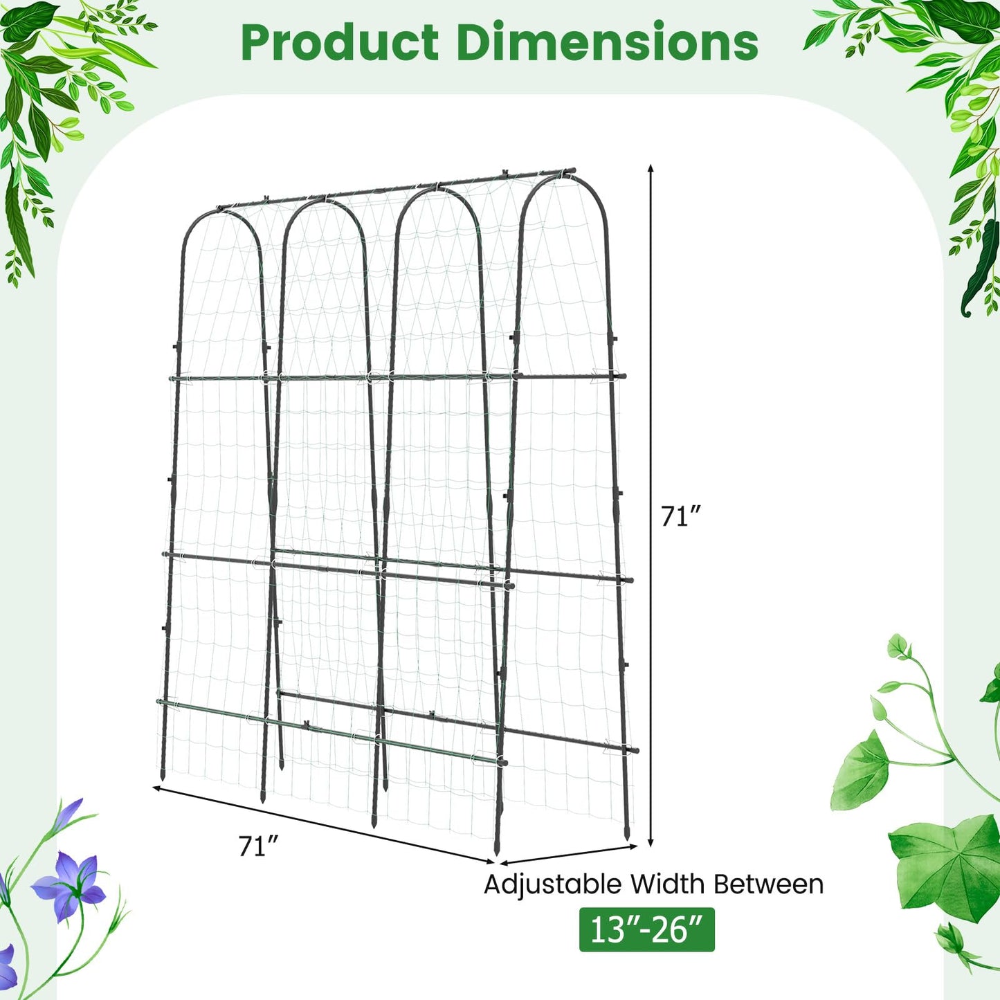 CHEFJOY 71” x 71” Trellis for Climbing Plants Outdoor, U-Shaped Metal Garden Arched Trellis with Netting, Sure-Clips & Ground Stakes, Cucumber Trellis for Vegetable Fruit Flower Vine