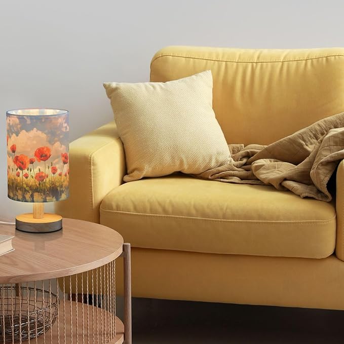 Fustylead Oil Painting Poppy Flowers Bedside Table Lamps with USB Port for Bedroom Lamp Accent Table Lamp Small Nightstand Lamp Sturdy Linen Shade Wooden Decorative Lamps for Office Dorm Home