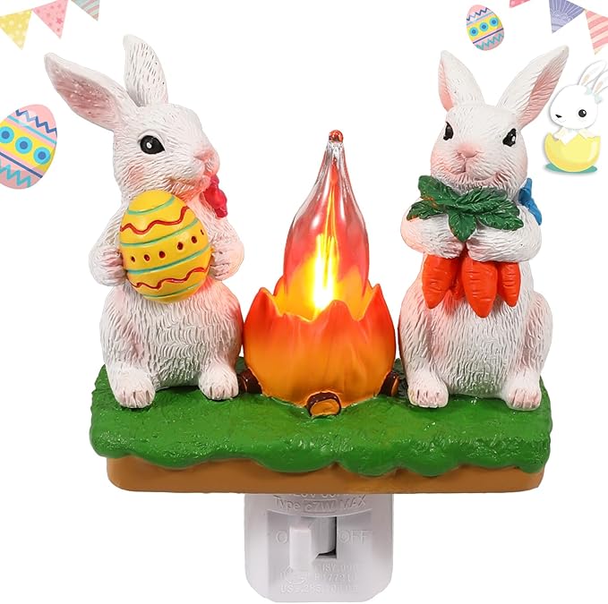 Bunny Campfire Flickering Nightlight, Rabbit Night Light Plug into Wall Easter Night Light with Switch Bunny Decor Easter Home Decorations