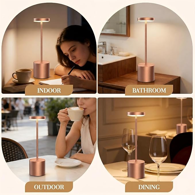 Cordless Table Lamp – 2 Pack Rechargeable Table Lamps, 5000mAh Battery Operated Lamp with 3-Color Dimmable Light, Outdoor Table Lamp for Bedroom, Restaurant, Patio, Home Décor (Rose Gold)
