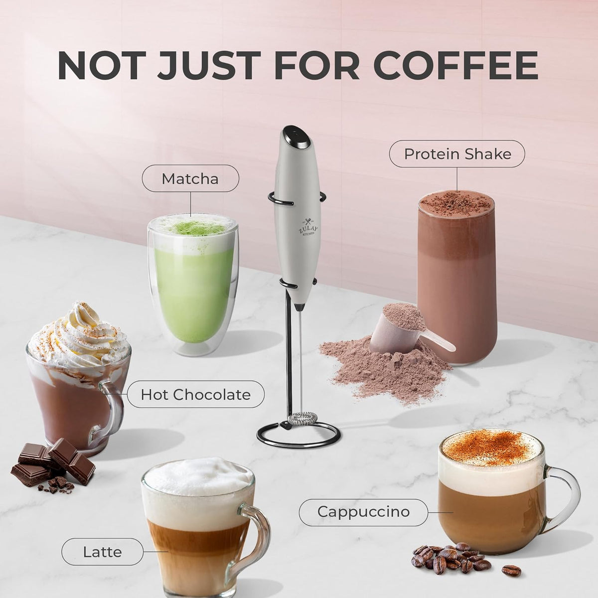 Zulay Kitchen Milk Frother Wand - Ultra-Fast Handheld Electric Whisk for Coffee & Lattes - Gray & Black