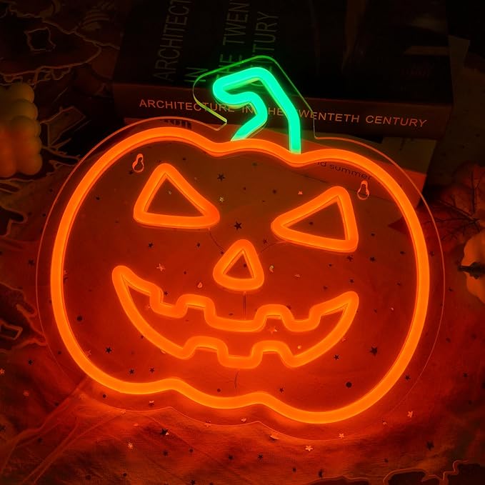 MissAudrey Halloween Light Up Pumpkin Neon Sign, Neon Sign Halloween Window Hanging Lights, Green Orange Acrylic Thanksgiving Art Wall Fall Decor for Home Bedroom Bar Pub Club Party，5V USB Powered