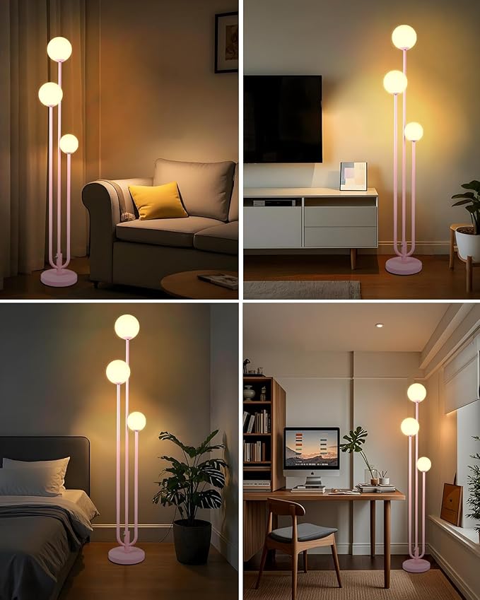 3-Light Pink Floor Lamp Dimmable, Unique Candle Holder Style Tall Standing Lamps with 3000K G9 Bulbs for Reading, Mid Century Modern Floor Lamp for Living Room Bedroom Office