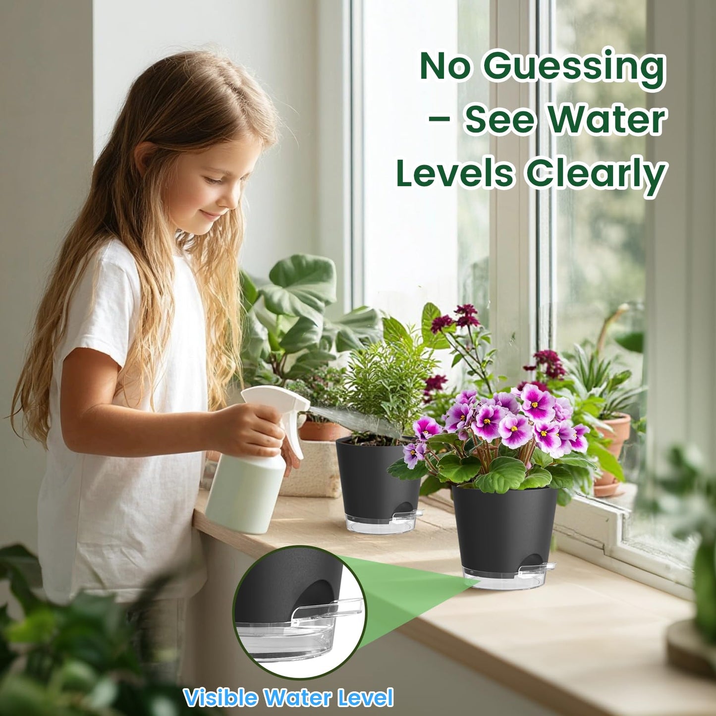 Meowell Self Watering Pots Set of 7 – Assorted Size 4" to 8" Indoor Plant Pots with Drainage Holes and Clear Reservoir for Visible Water Level, Plastic Wicking Planter for House Plants & Flower, Black