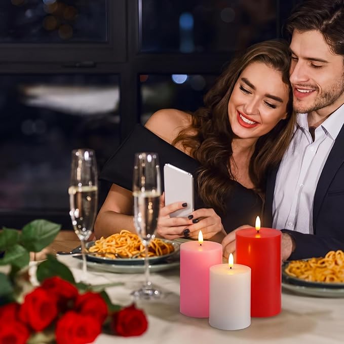 3 Pcs Mother's Day Flameless Candles Battery Operated Wax LED Flickering Flameless Pillar Candles with Remote for Home Table Dating Wedding Party Decor